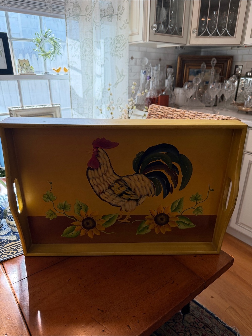 Rooster & Sunflower Wooden Serving Tray - Yellow